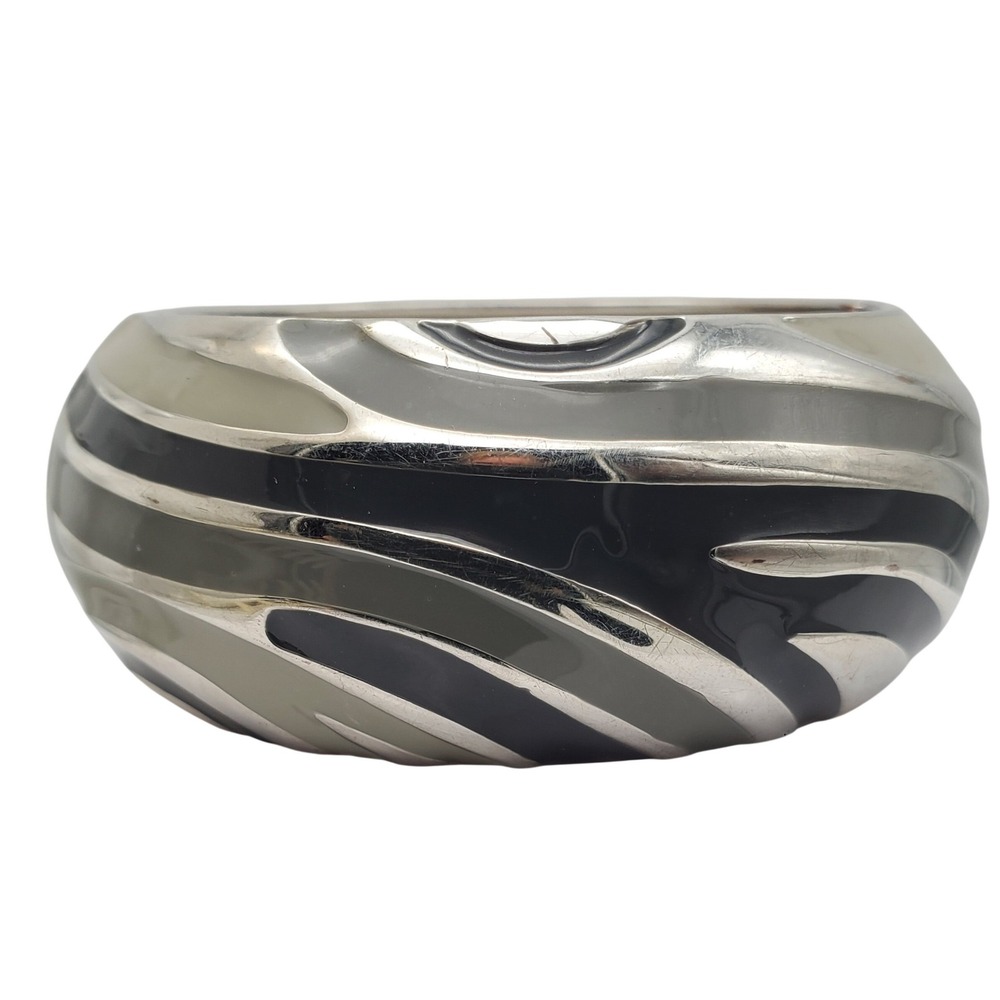 Silver Tone Clamper Bracelet Multi Gray Enamel Chunky Swirl Stripe Bangle Hinged